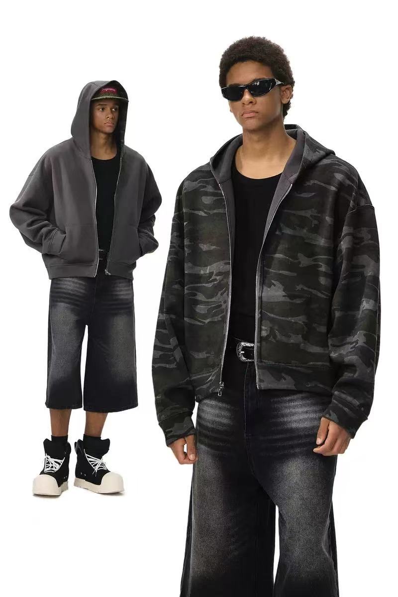 Reversible Camo Zip-Up Hoodie | Streetwear Boxy Fit