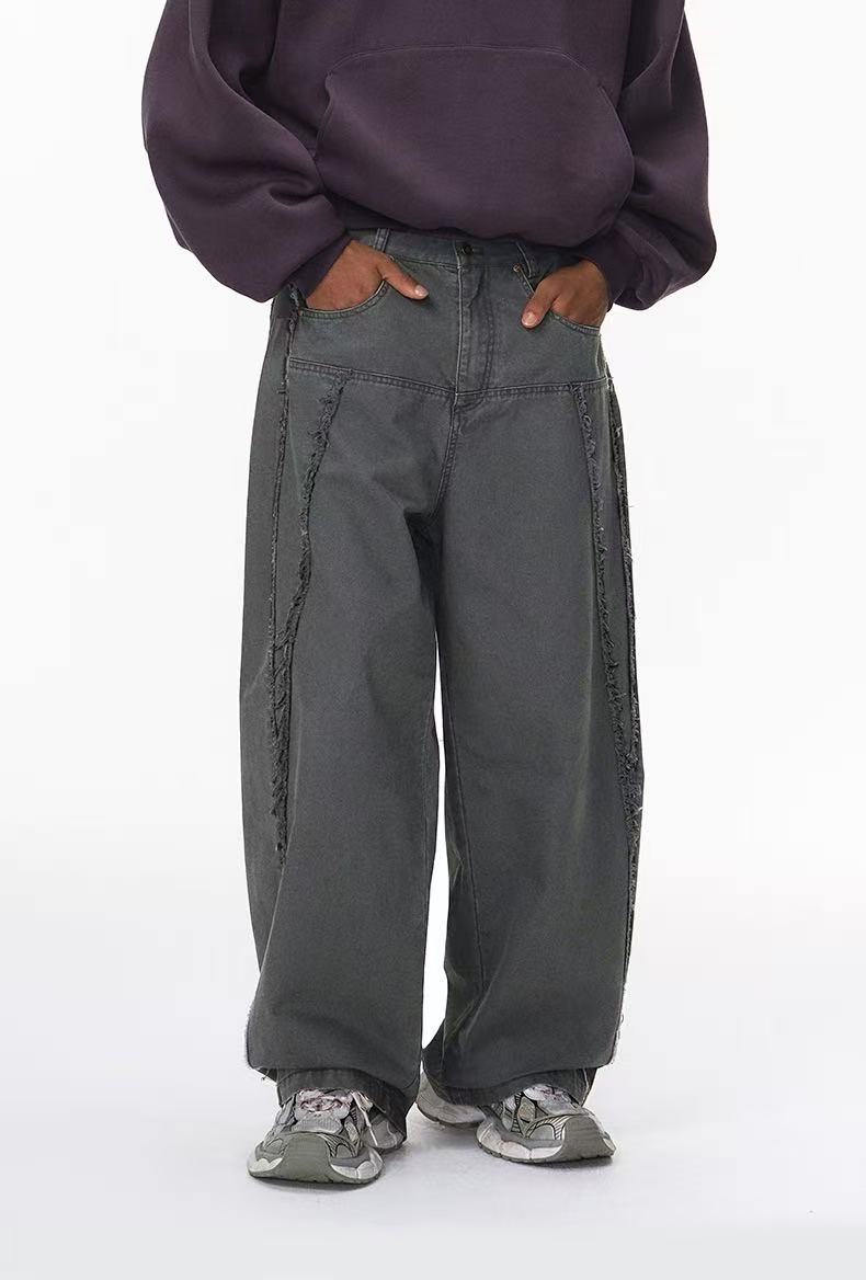 Vintage Raw-Edge Panel Wide-Leg Cotton Pants | Streetwear