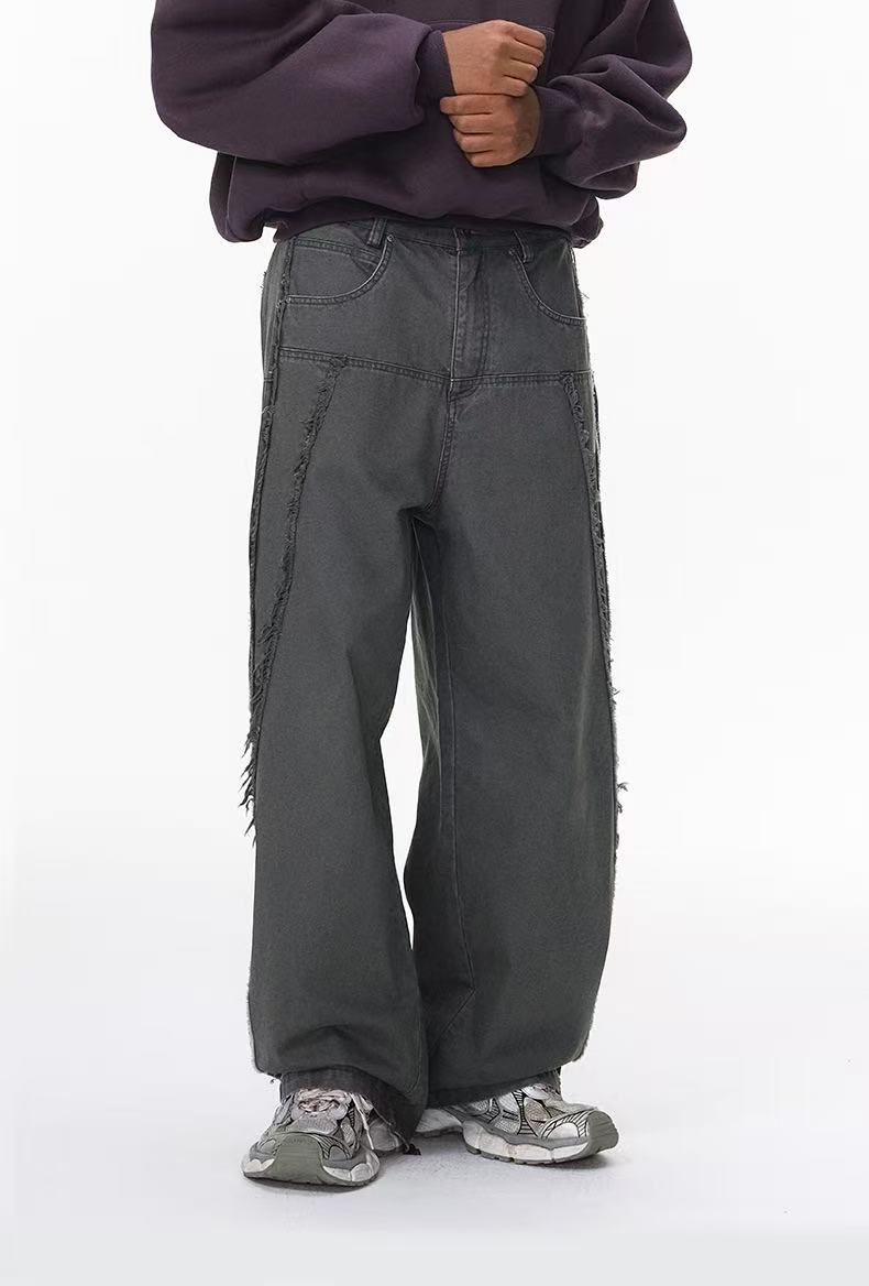 Vintage Raw-Edge Panel Wide-Leg Cotton Pants | Streetwear