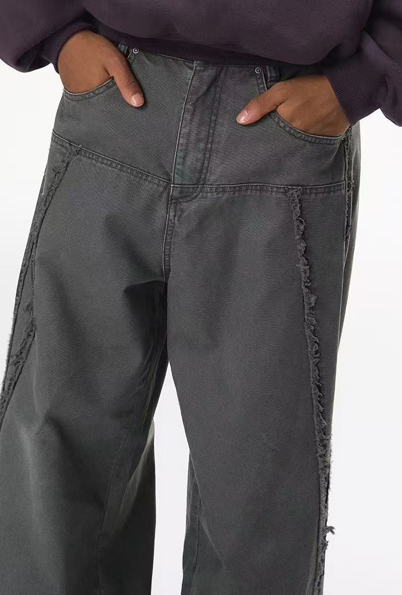 Vintage Raw-Edge Panel Wide-Leg Cotton Pants | Streetwear