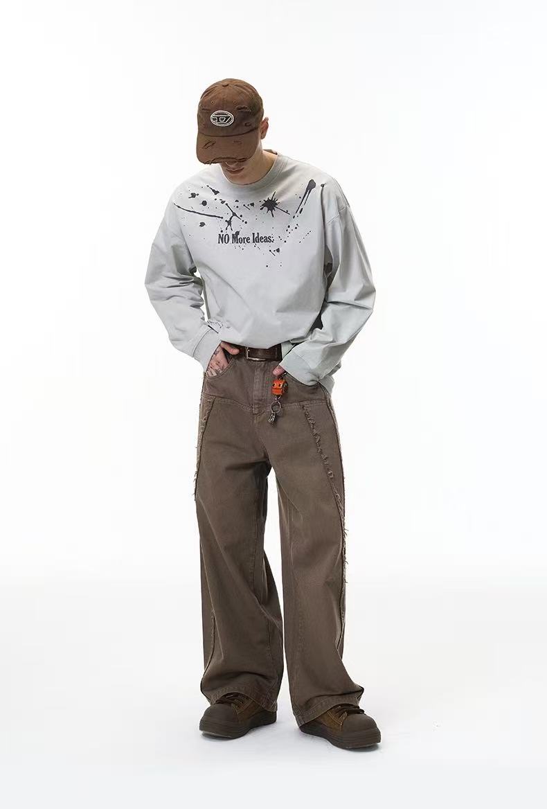 Vintage Raw-Edge Panel Wide-Leg Cotton Pants | Streetwear