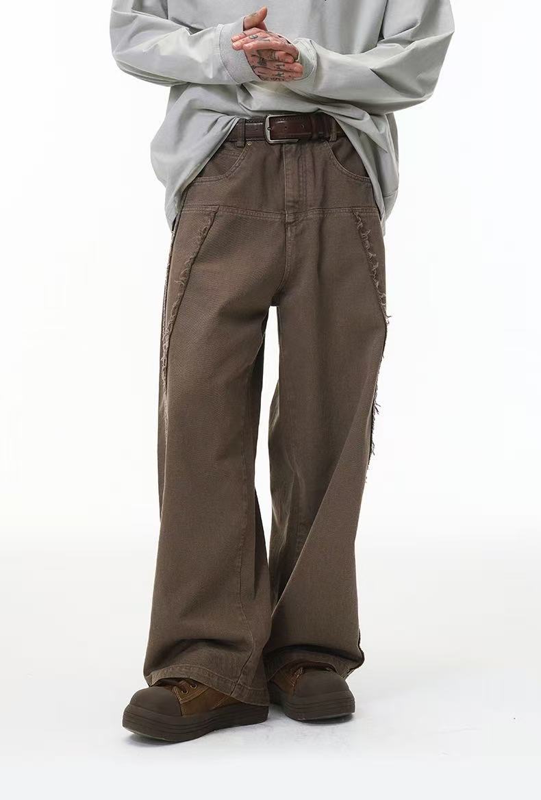 Vintage Raw-Edge Panel Wide-Leg Cotton Pants | Streetwear