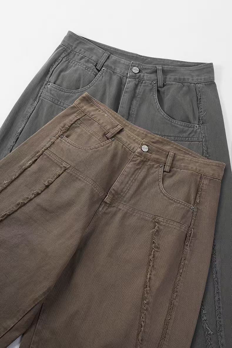Vintage Raw-Edge Panel Wide-Leg Cotton Pants | Streetwear