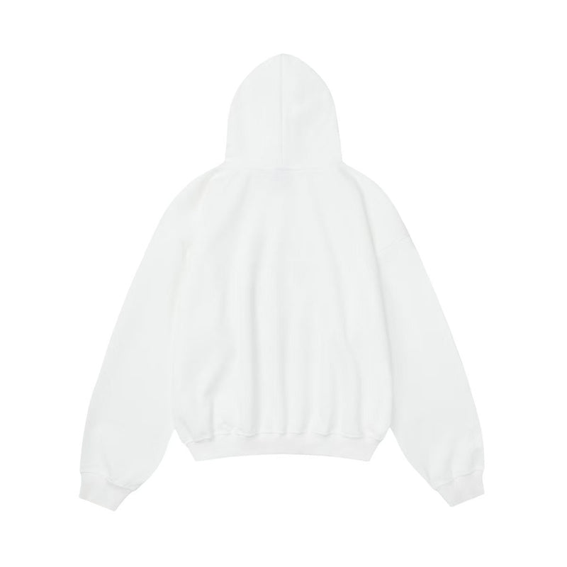 White hoodie back view with plain sweatshirt design