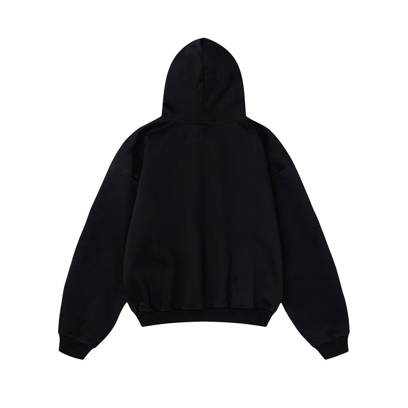 Black hooded sweatshirt back view with plain design and dropped shoulders