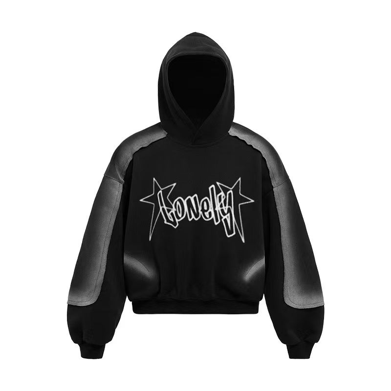Black cropped pullover hoodie with white graffiti star logo on chest and grey contrast leather-look panel sleeves