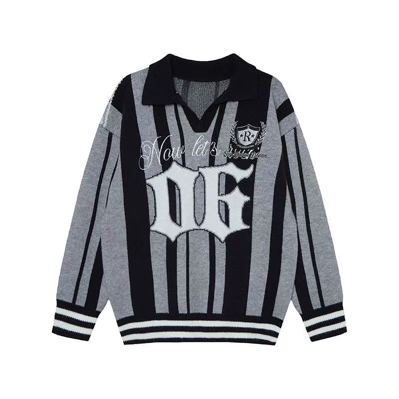 Front view of a gray and black striped knit polo sweater with '06 graphic and crest emblem