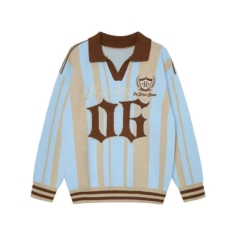 Sky blue and khaki striped knit polo sweater with brown collar, oversized '06' jacquard graphic and embroidered crest on ches