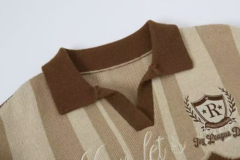 Close-up of the brown collar and upper chest on a beige striped knit polo sweater