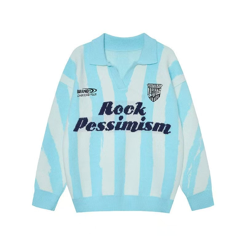 Sky blue and white vertical stripe knit polo sweater with Rock Pessimism graphic lettering and polo collar