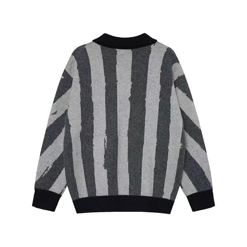 Gray and black striped knit polo sweater shown from the back