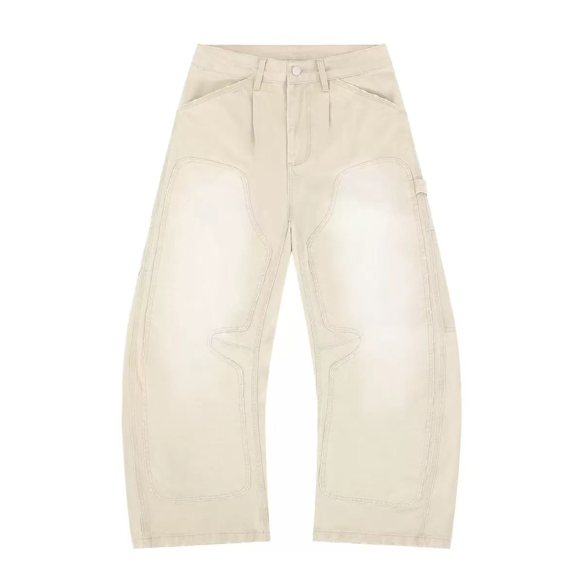 Omirad curved-cut washed work pants in beige, flat lay showing wide leg fit and curved panel stitching detail