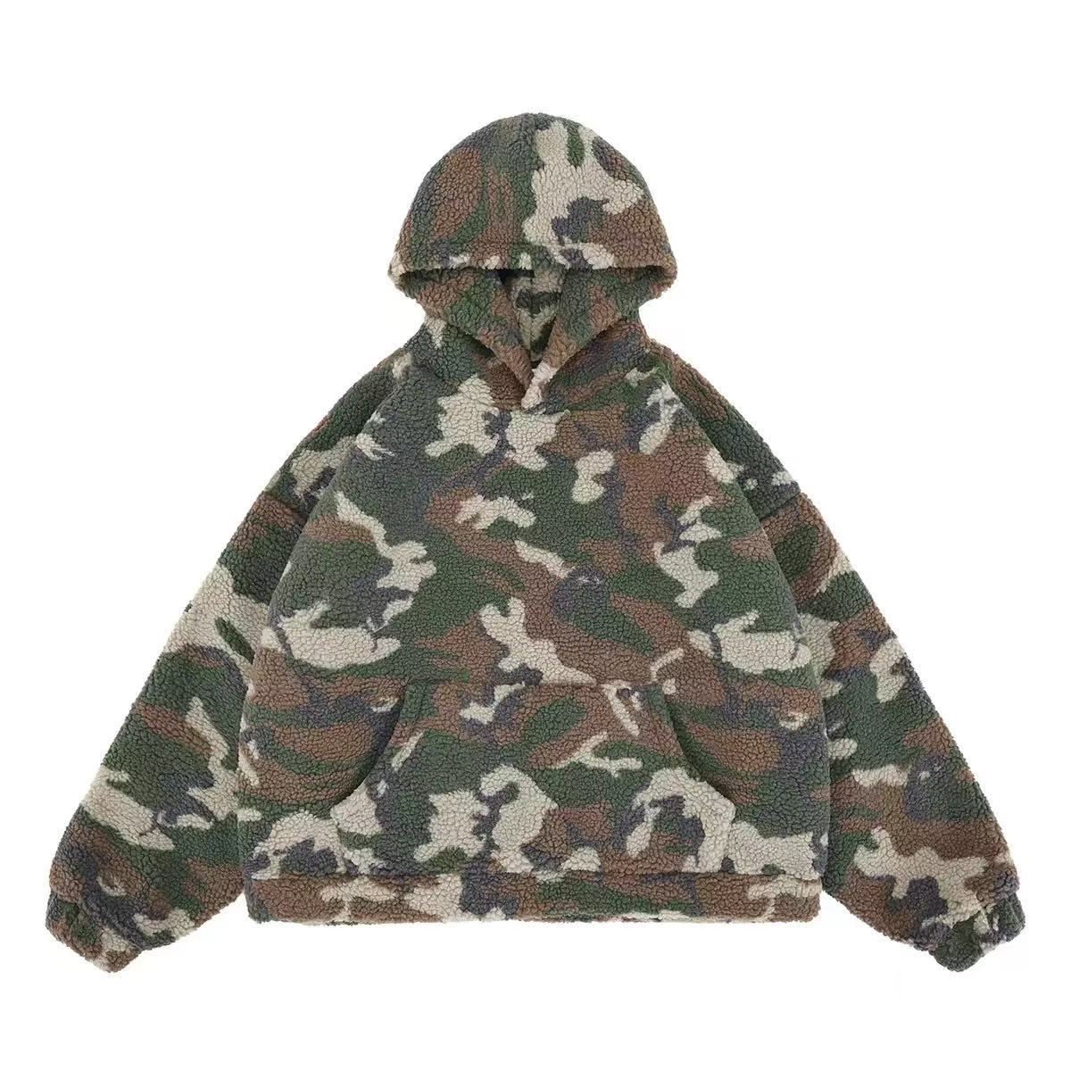 Oversized woodland camo sherpa fleece hoodie with kangaroo pocket and large hood, laid flat on white background