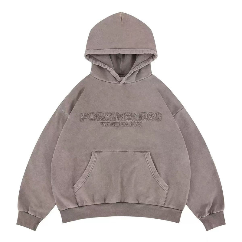 Taupe oversized hoodie with front kangaroo pocket and embossed Forgiveness chest lettering