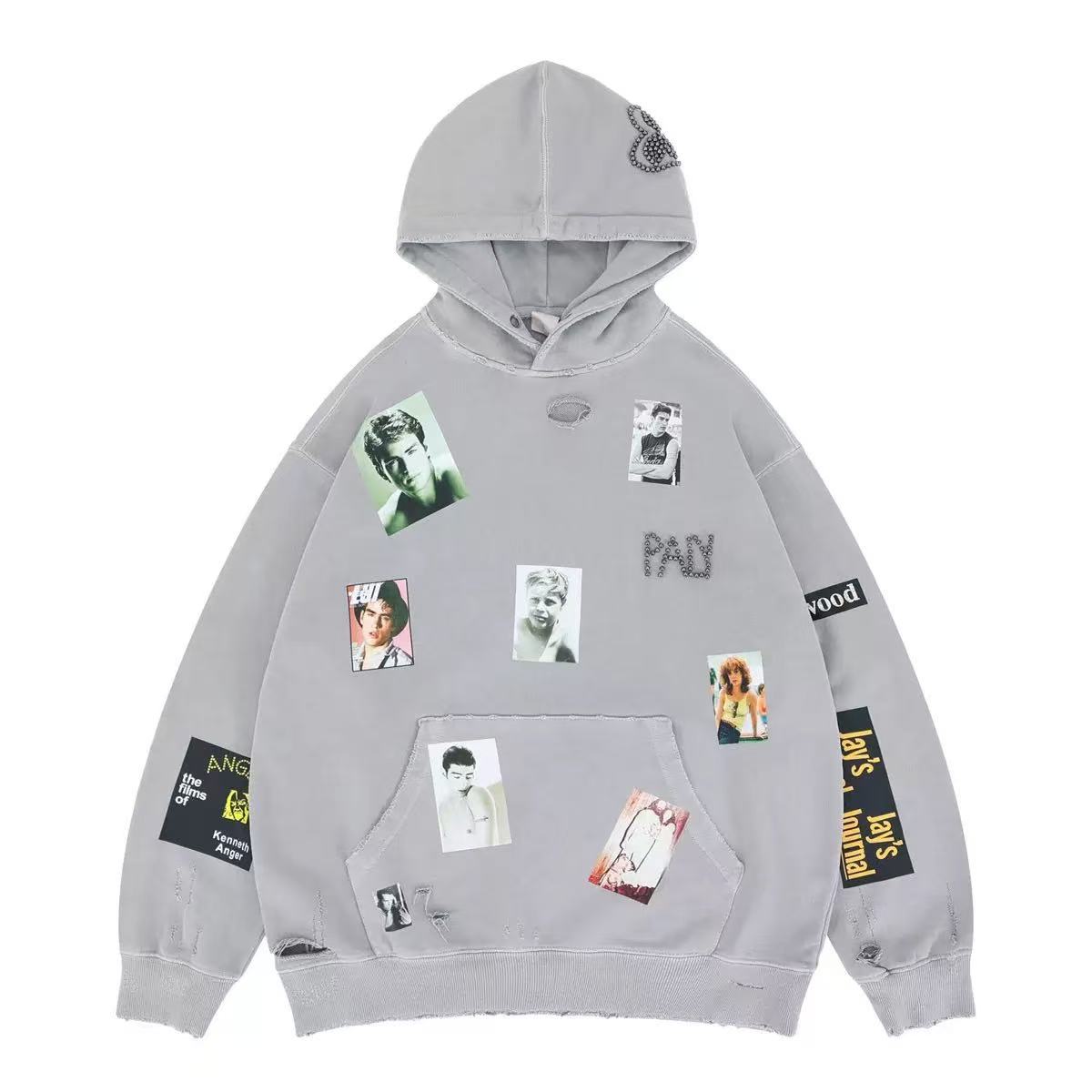 Grey oversized vintage hoodie with scattered photo patch prints, distressed hem, and rhinestone hood detail, front view