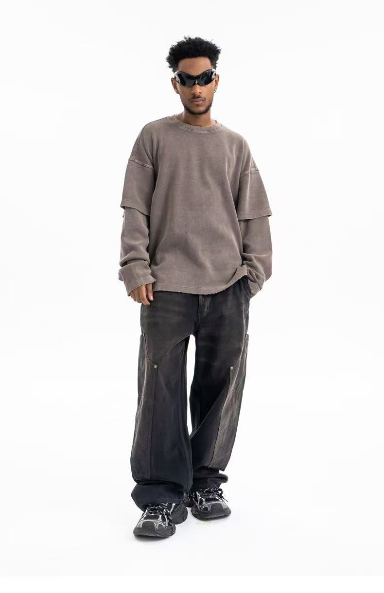 Taupe oversized crewneck sweatshirt worn front view with dark cargo pants