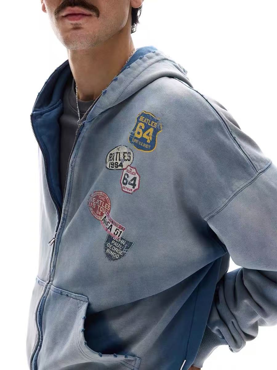 Omirad Vintage Patch Zip-Up Hoodie | Washed Blue Cotton