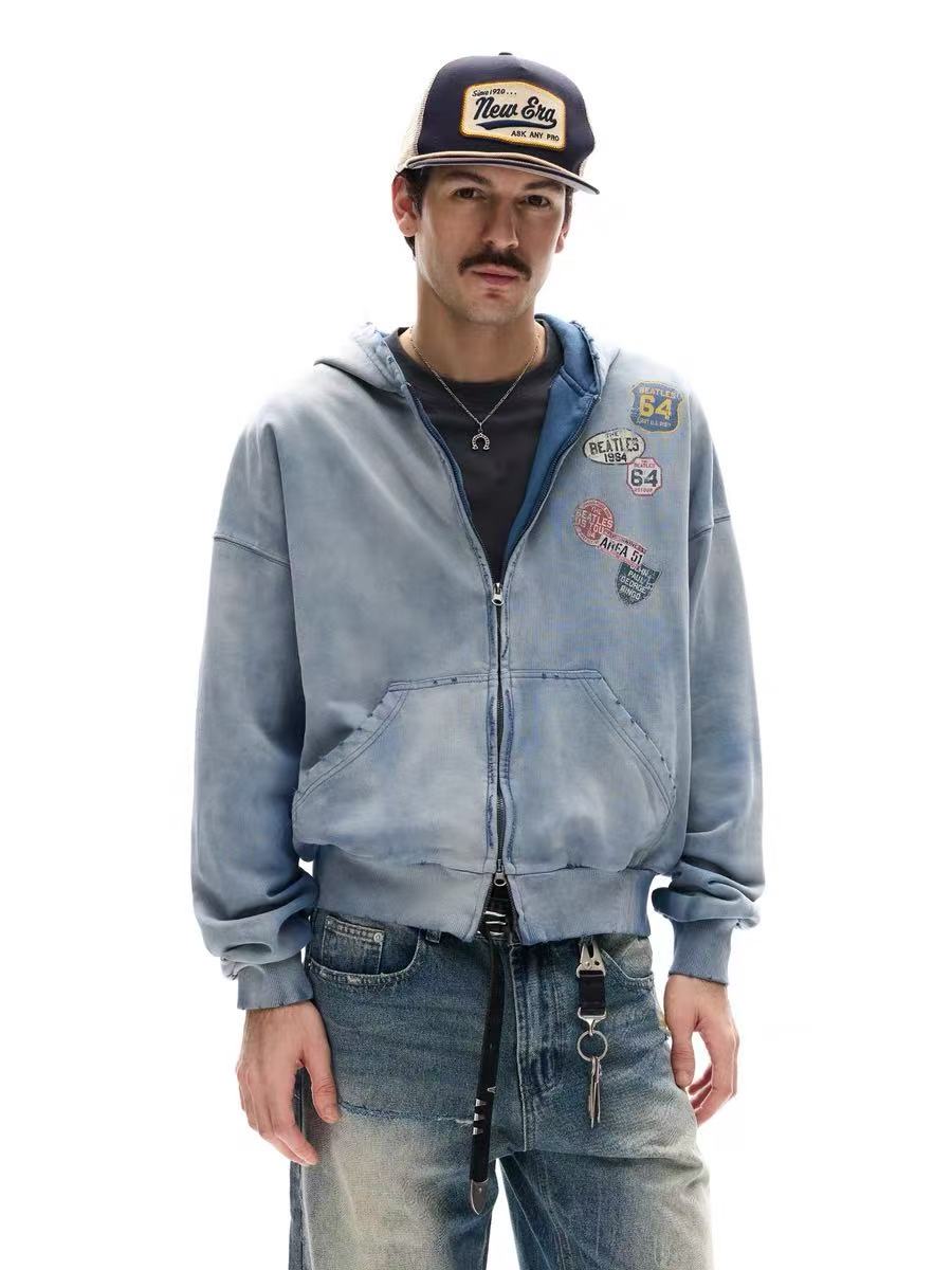 Omirad Vintage Patch Zip-Up Hoodie | Washed Blue Cotton