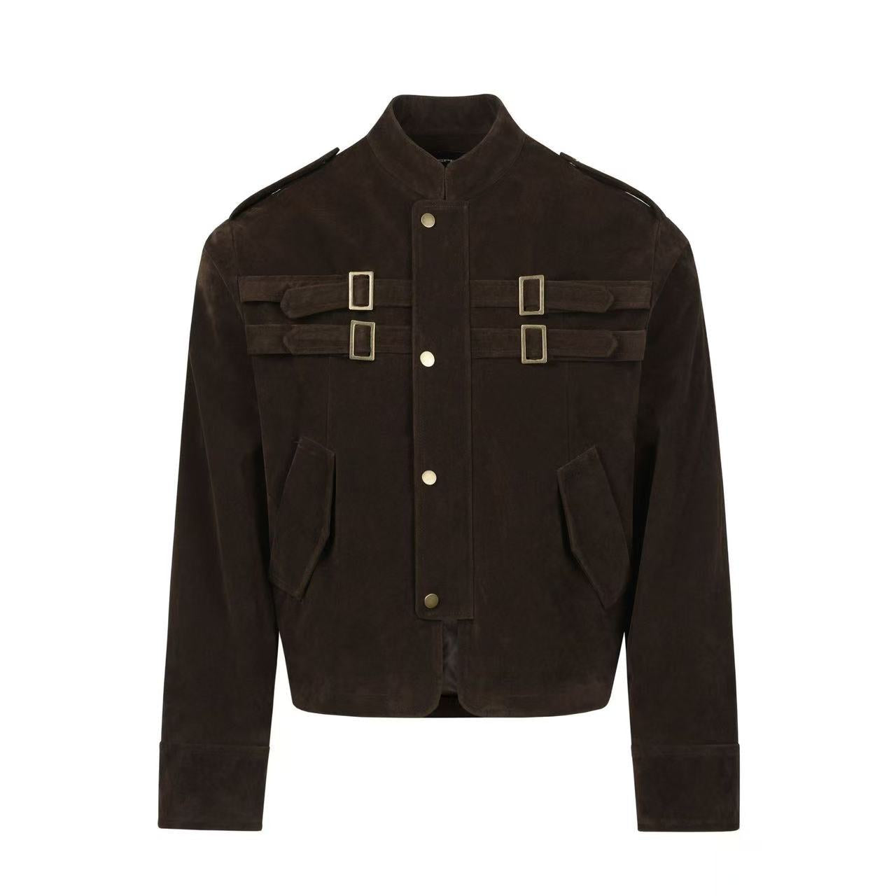 Omirad military suede jacket in dark brown with dual chest buckle straps, stand collar, and snap-button front closure