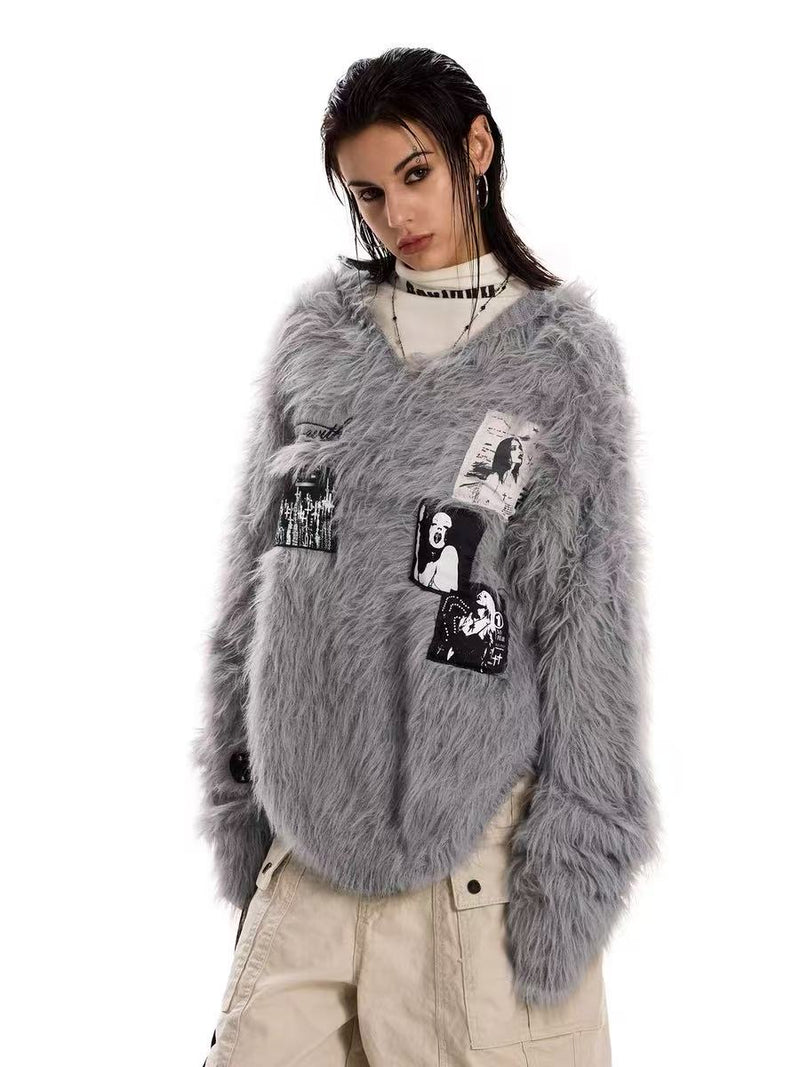 Gray shaggy knit hoodie sweater worn by model, full front view