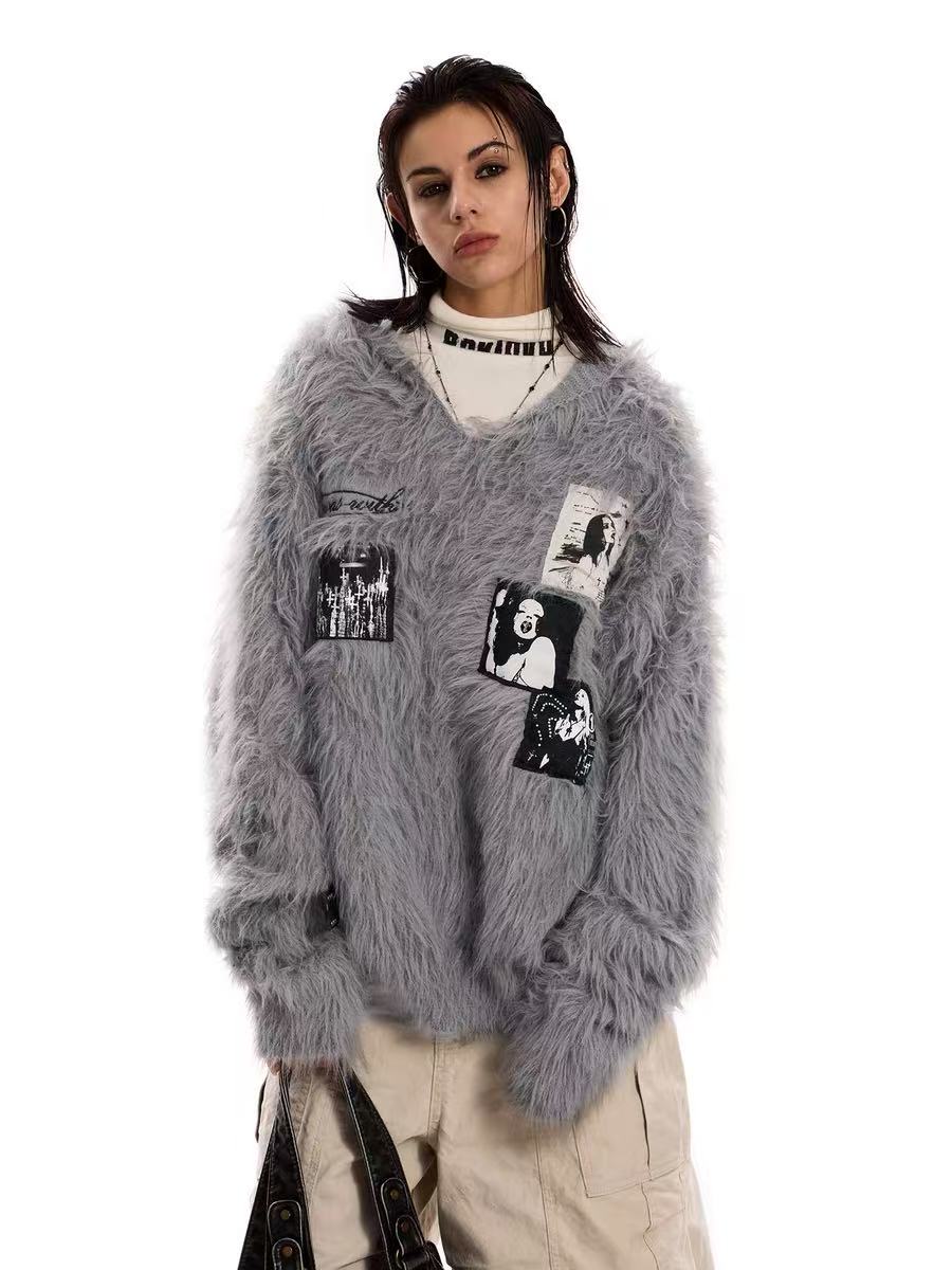 Omirad Fuzzy Patch Knit Hoodie Sweater | Shaggy Grunge Pullover