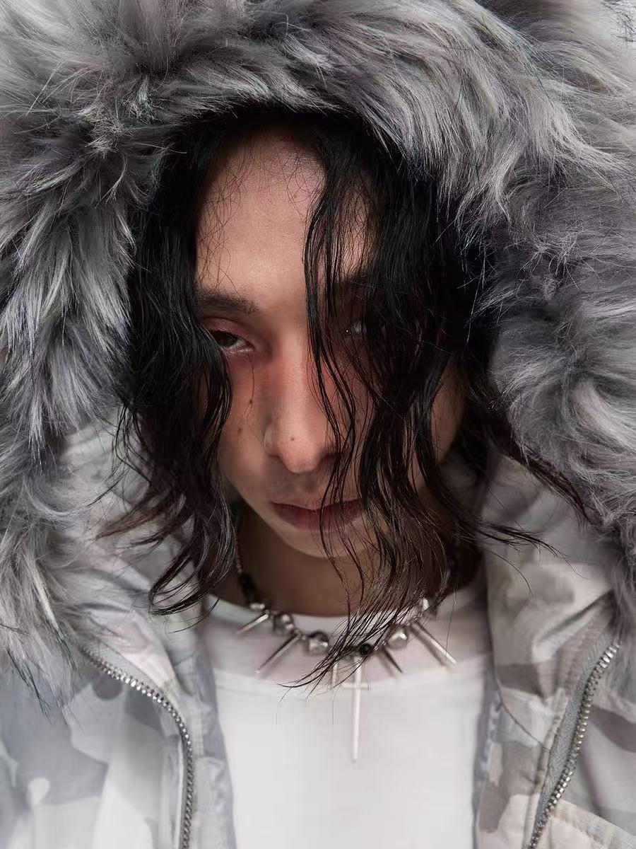 White Camo Faux Fur Hooded Padded Bomber Jacket