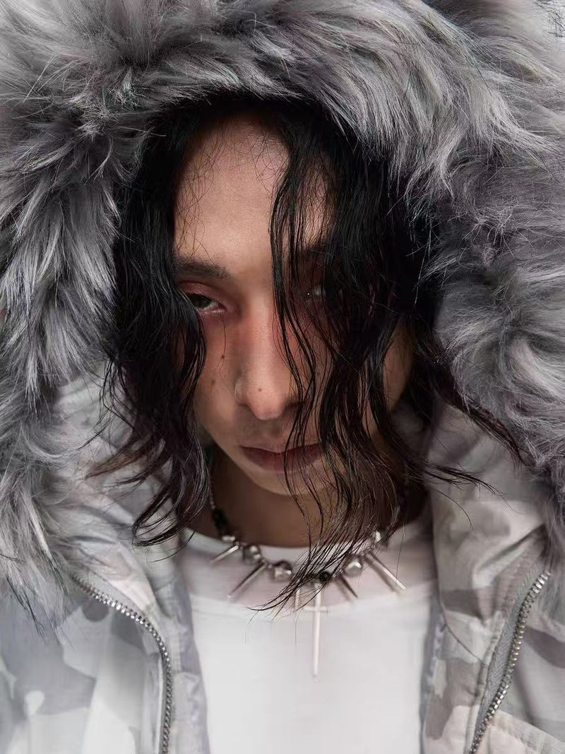White Camo Faux Fur Hooded Padded Bomber Jacket