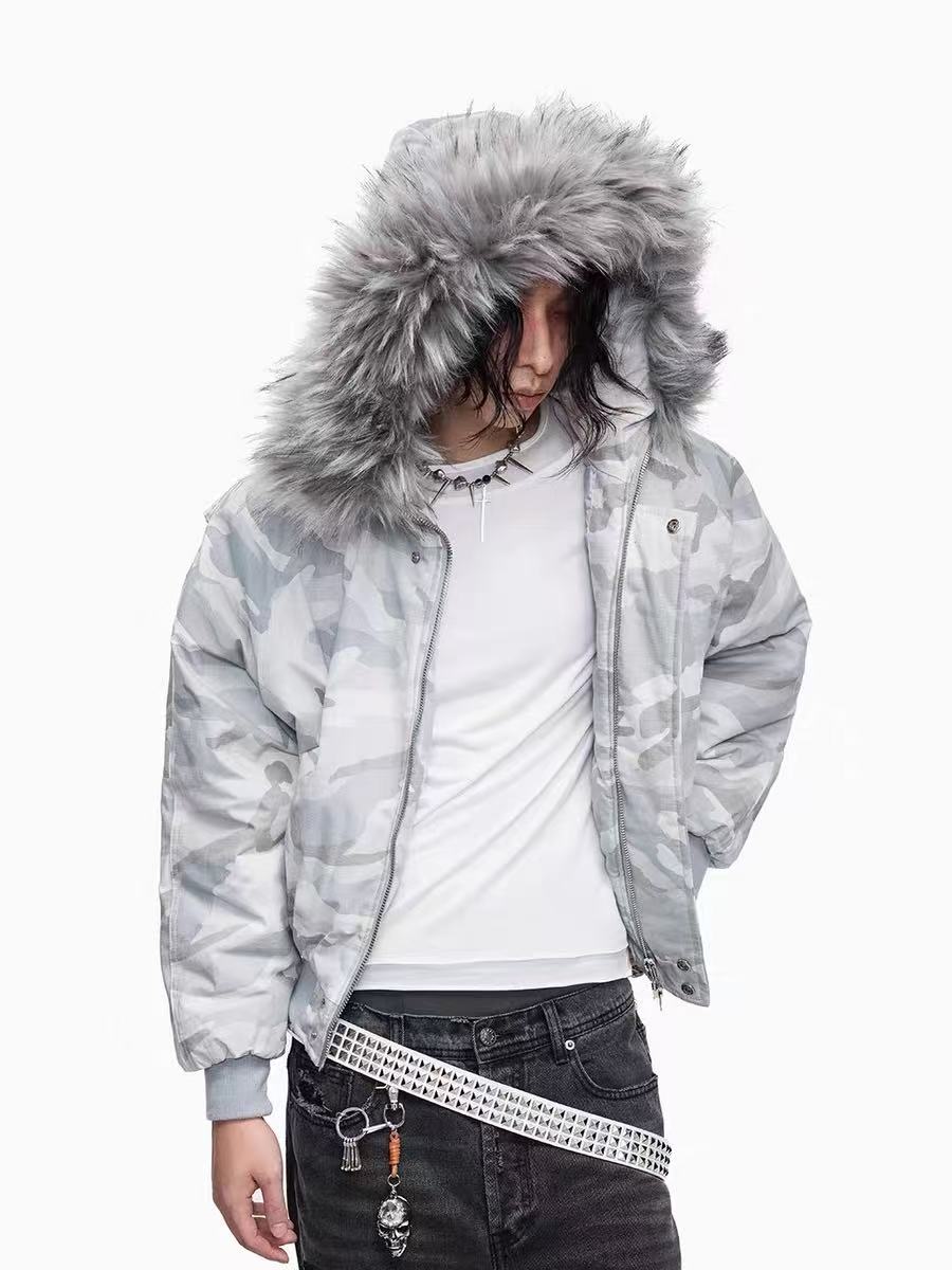 White Camo Faux Fur Hooded Padded Bomber Jacket