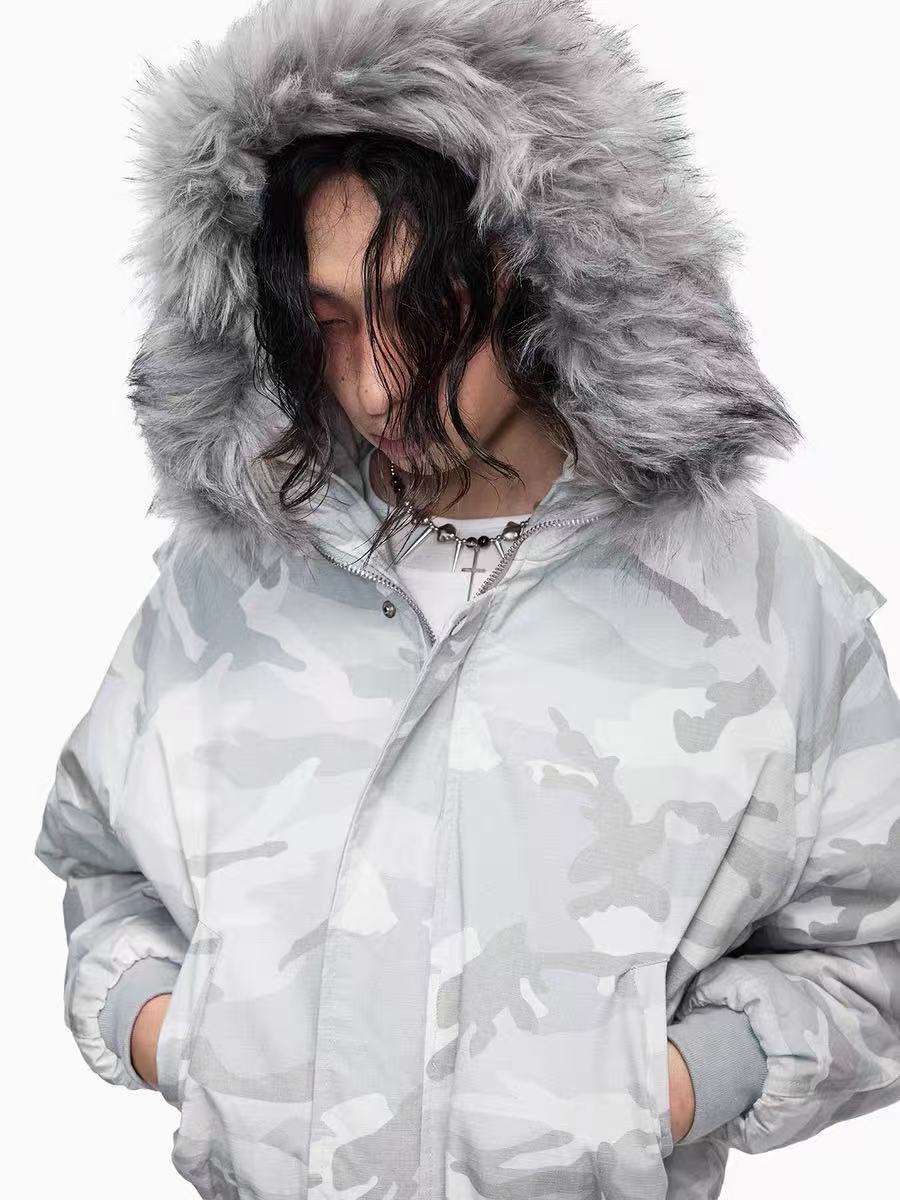 White Camo Faux Fur Hooded Padded Bomber Jacket