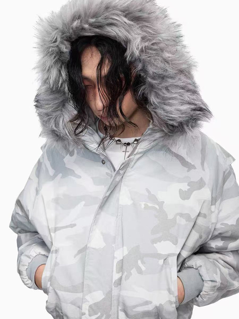White Camo Faux Fur Hooded Padded Bomber Jacket