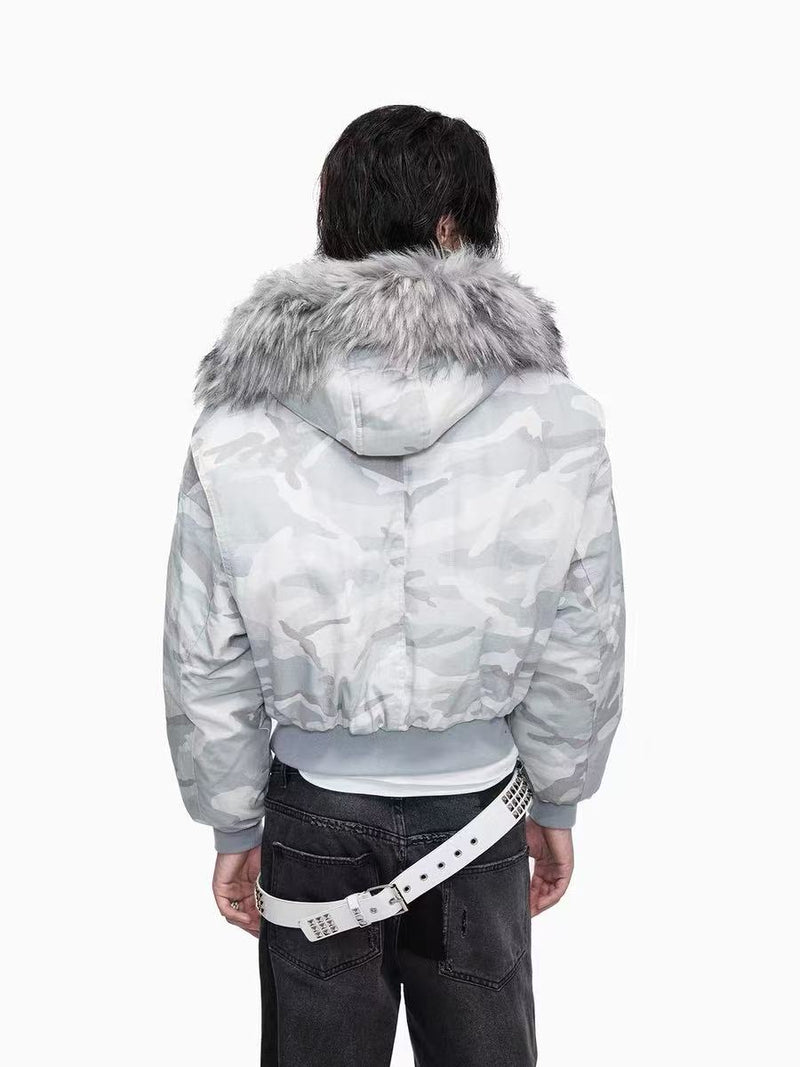 White Camo Faux Fur Hooded Padded Bomber Jacket