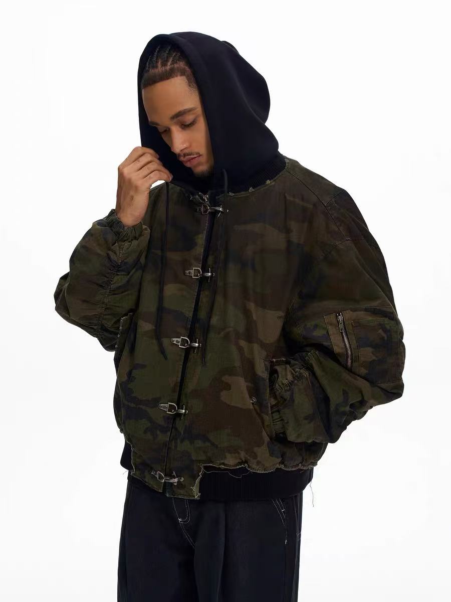 Omirad Camo Hook Detail Distressed Bomber Jacket with Hood