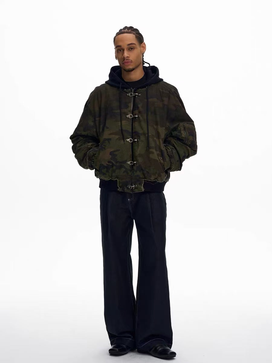Omirad Camo Hook Detail Distressed Bomber Jacket with Hood