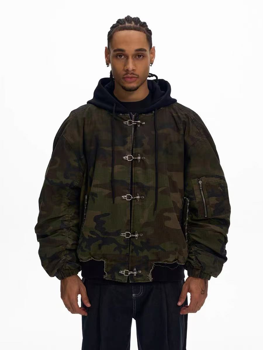 Omirad Camo Hook Detail Distressed Bomber Jacket with Hood