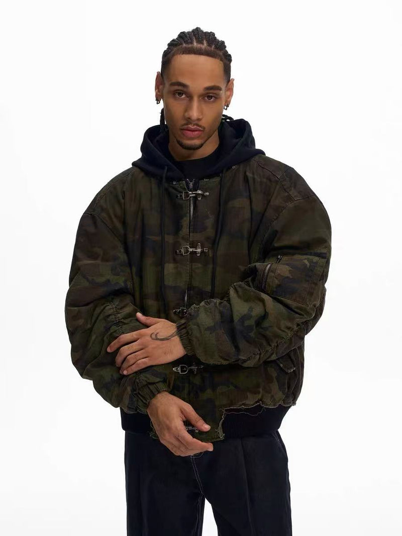 Omirad Camo Hook Detail Distressed Bomber Jacket with Hood