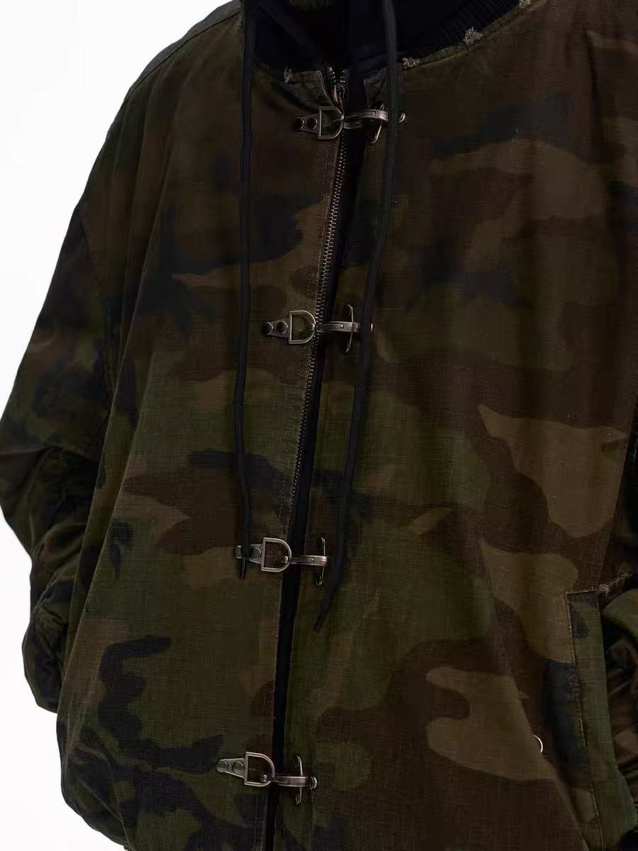 Omirad Camo Hook Detail Distressed Bomber Jacket with Hood