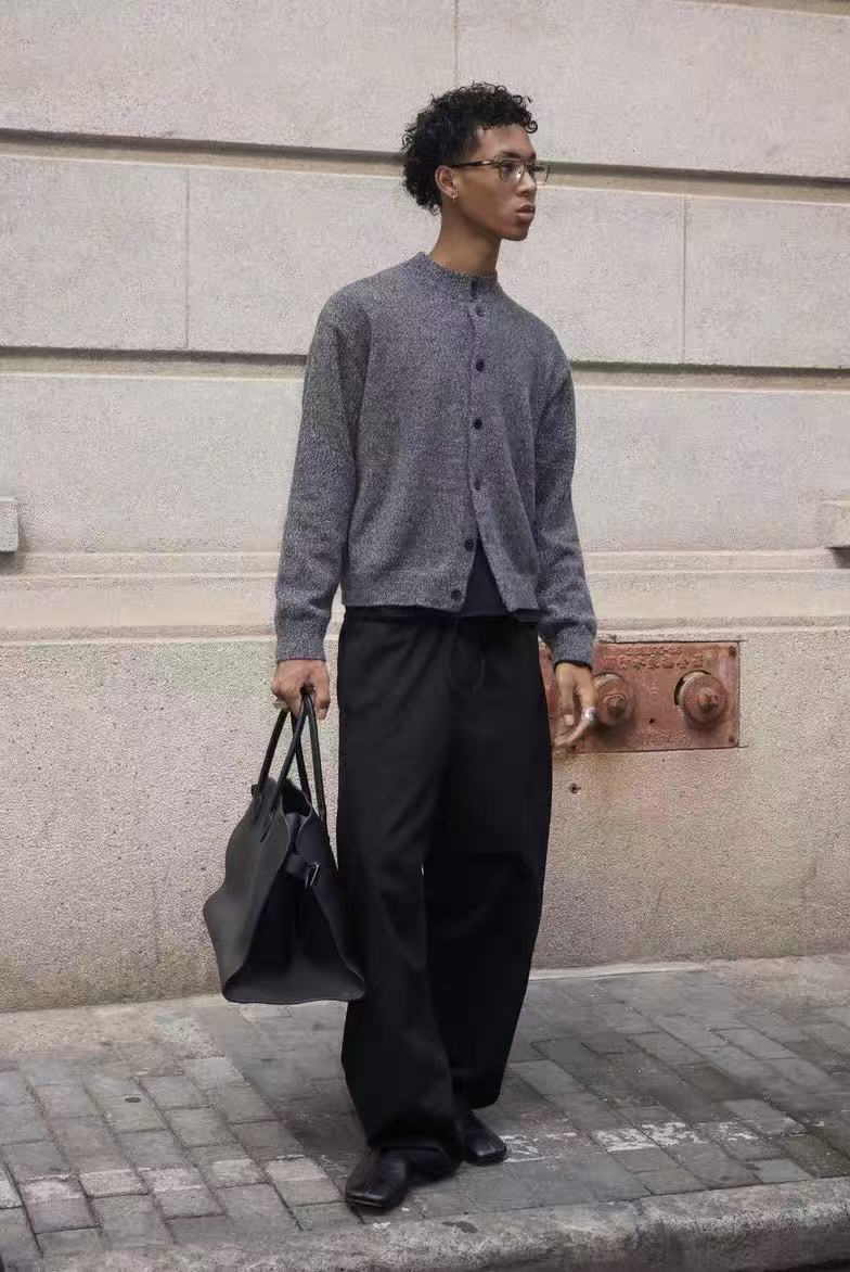 Minimal Wool Blend Knit Cardigan | Crew Neck Button-Up