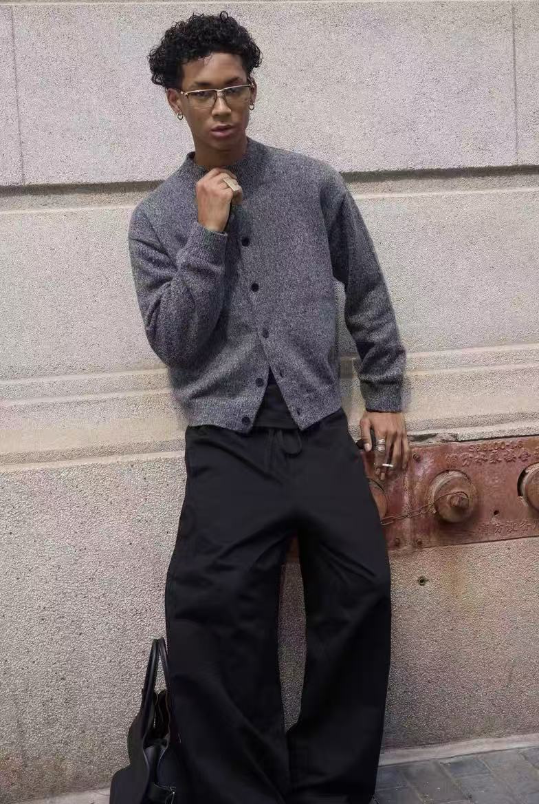 Minimal Wool Blend Knit Cardigan | Crew Neck Button-Up