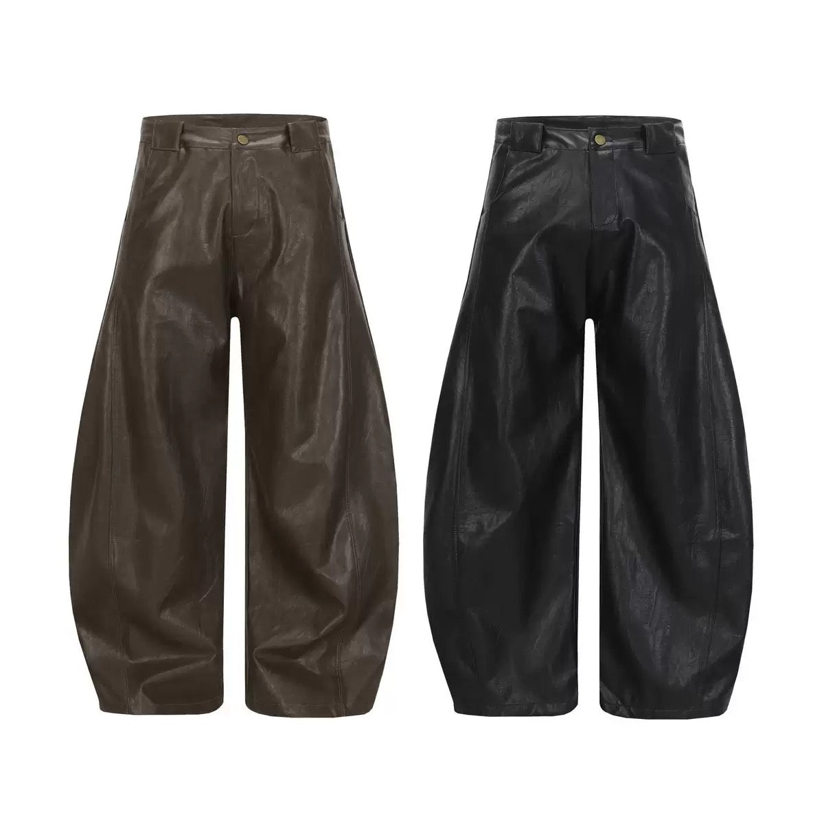 Dark brown and black PU faux leather barrel leg wide-leg trousers with glossy finish and mid-rise waistband