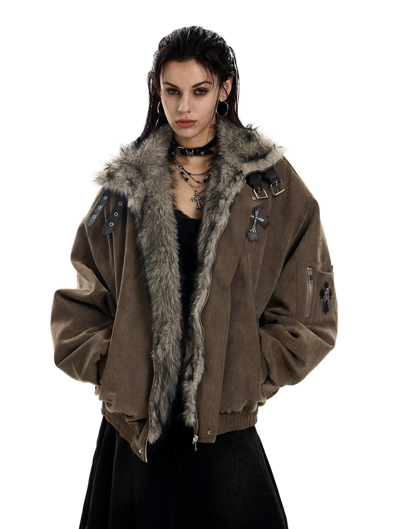 Faux Fur Collar Suede-Texture Buckle Bomber Jacket