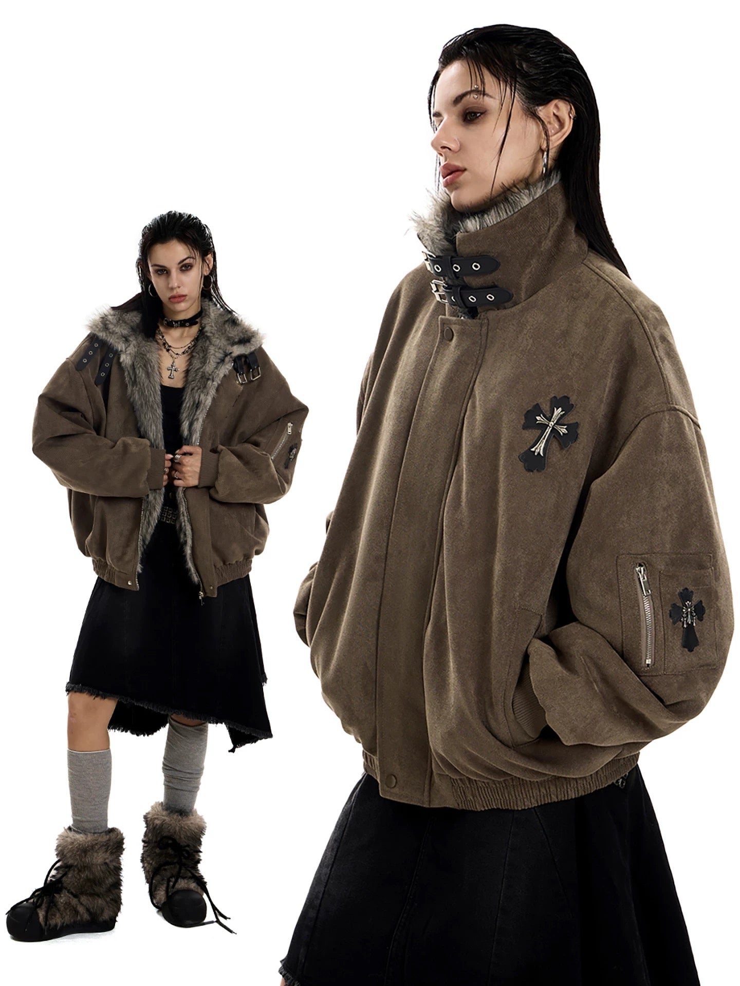 Faux Fur Collar Suede-Texture Buckle Bomber Jacket
