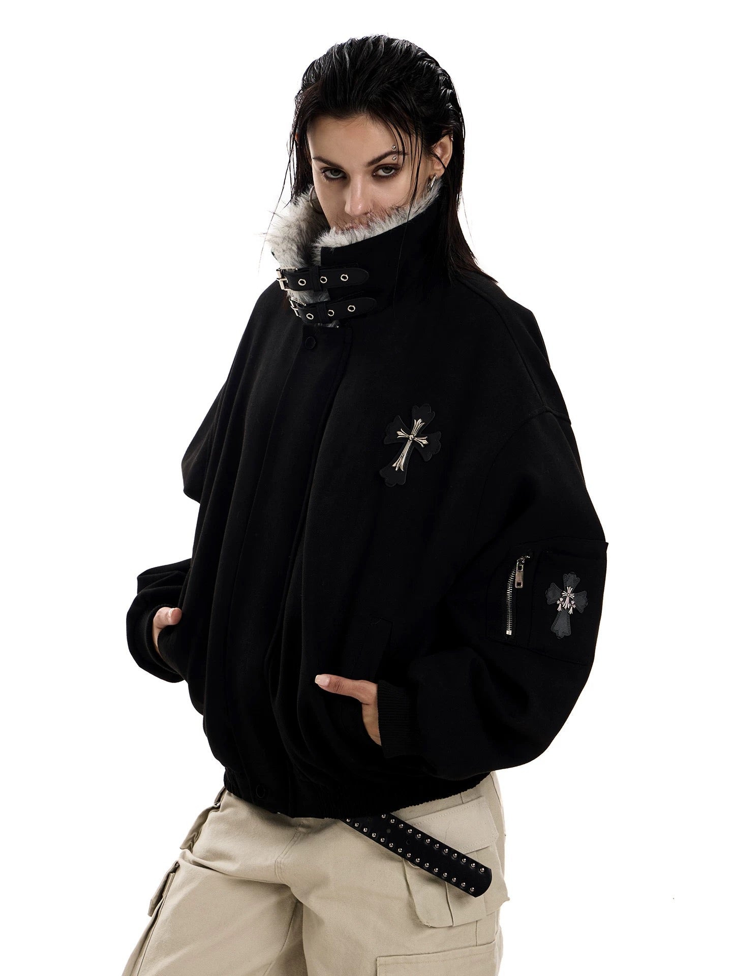 Faux Fur Collar Suede-Texture Buckle Bomber Jacket