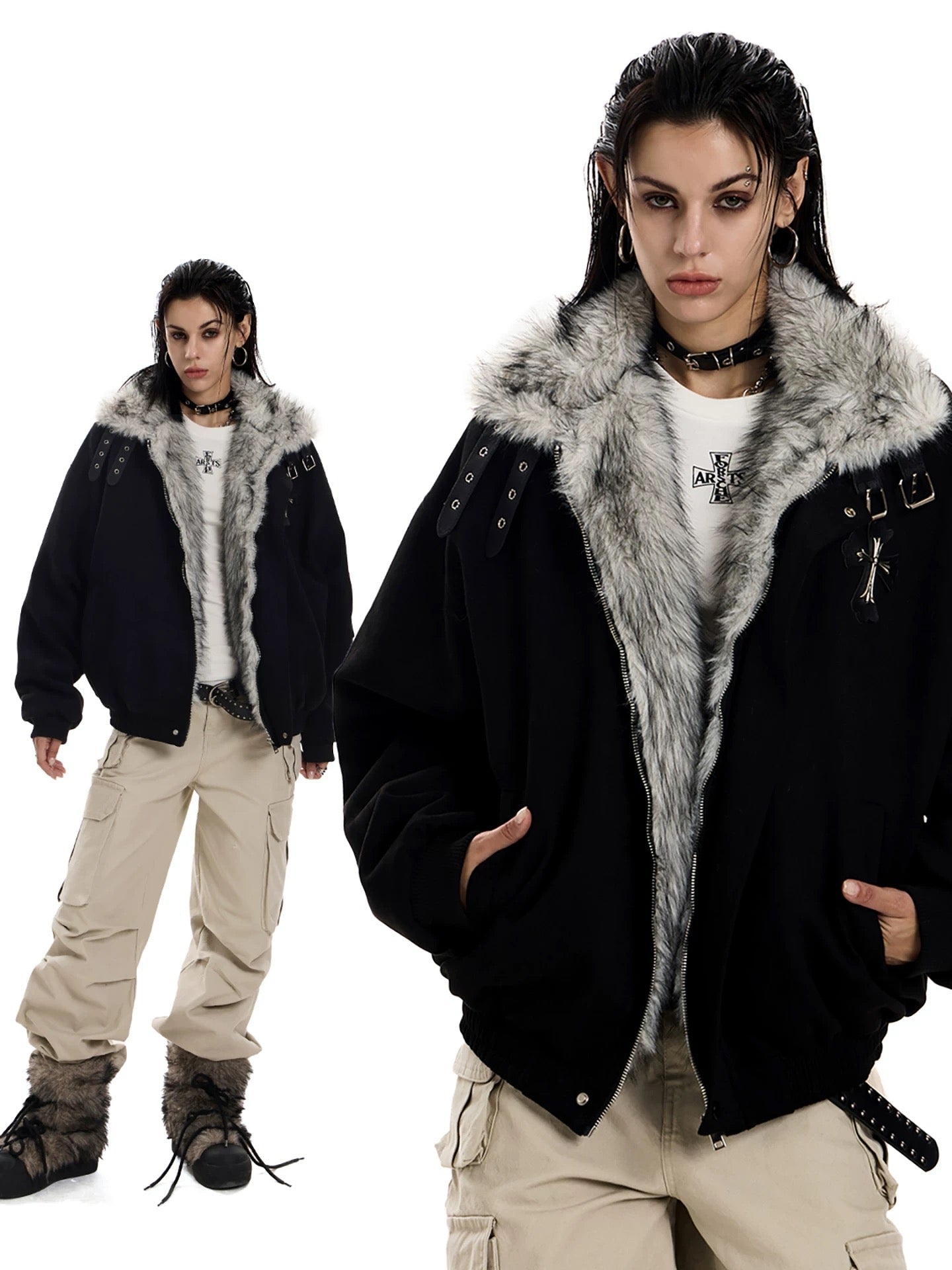 Faux Fur Collar Suede-Texture Buckle Bomber Jacket