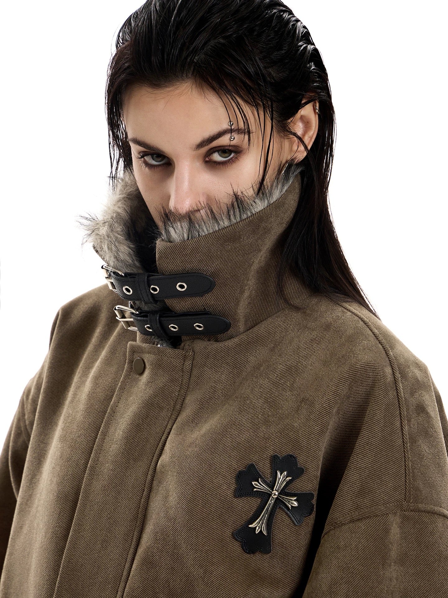 Faux Fur Collar Suede-Texture Buckle Bomber Jacket