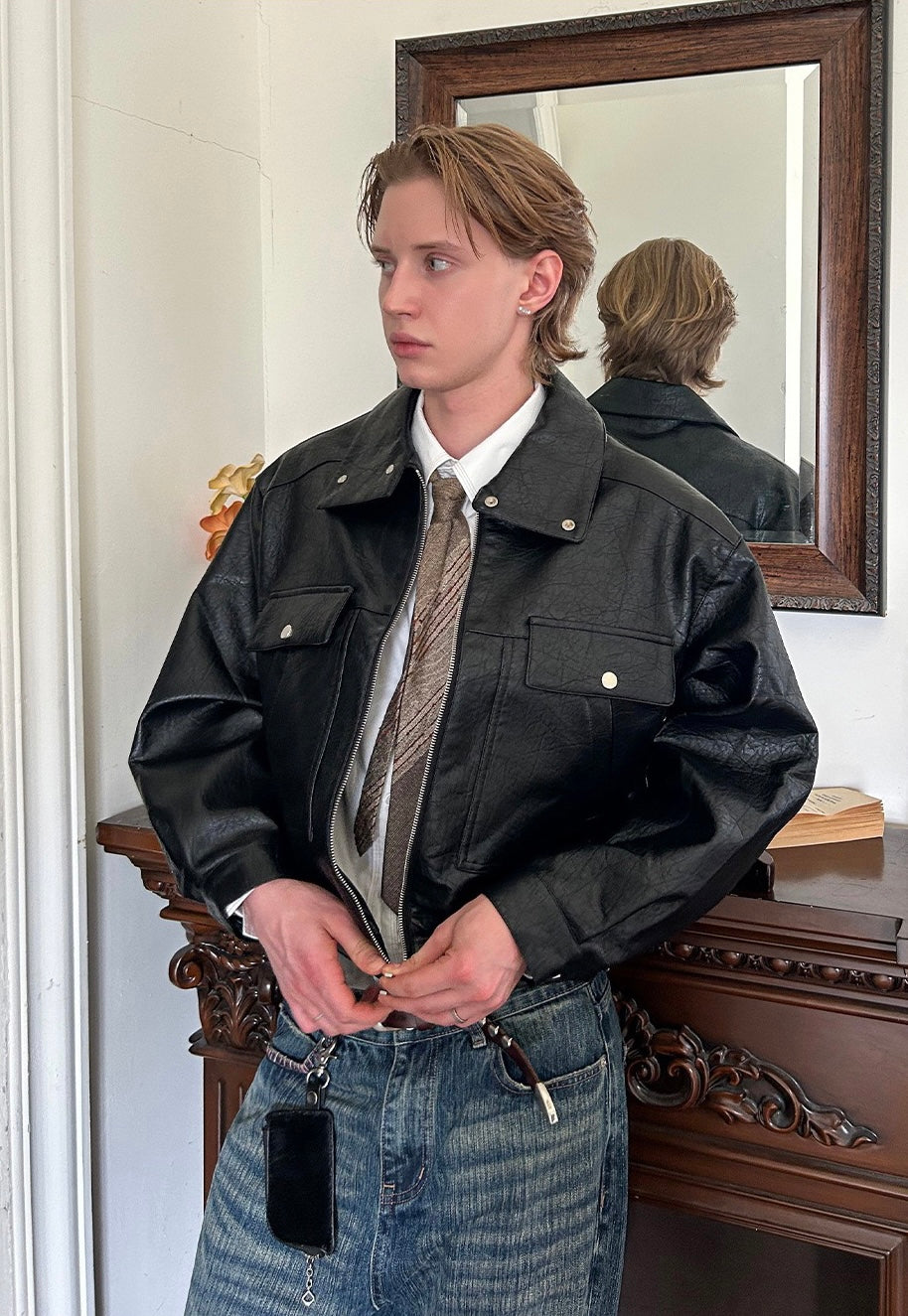 Men's Utility PU Leather Bomber Jacket | Oversized Fit