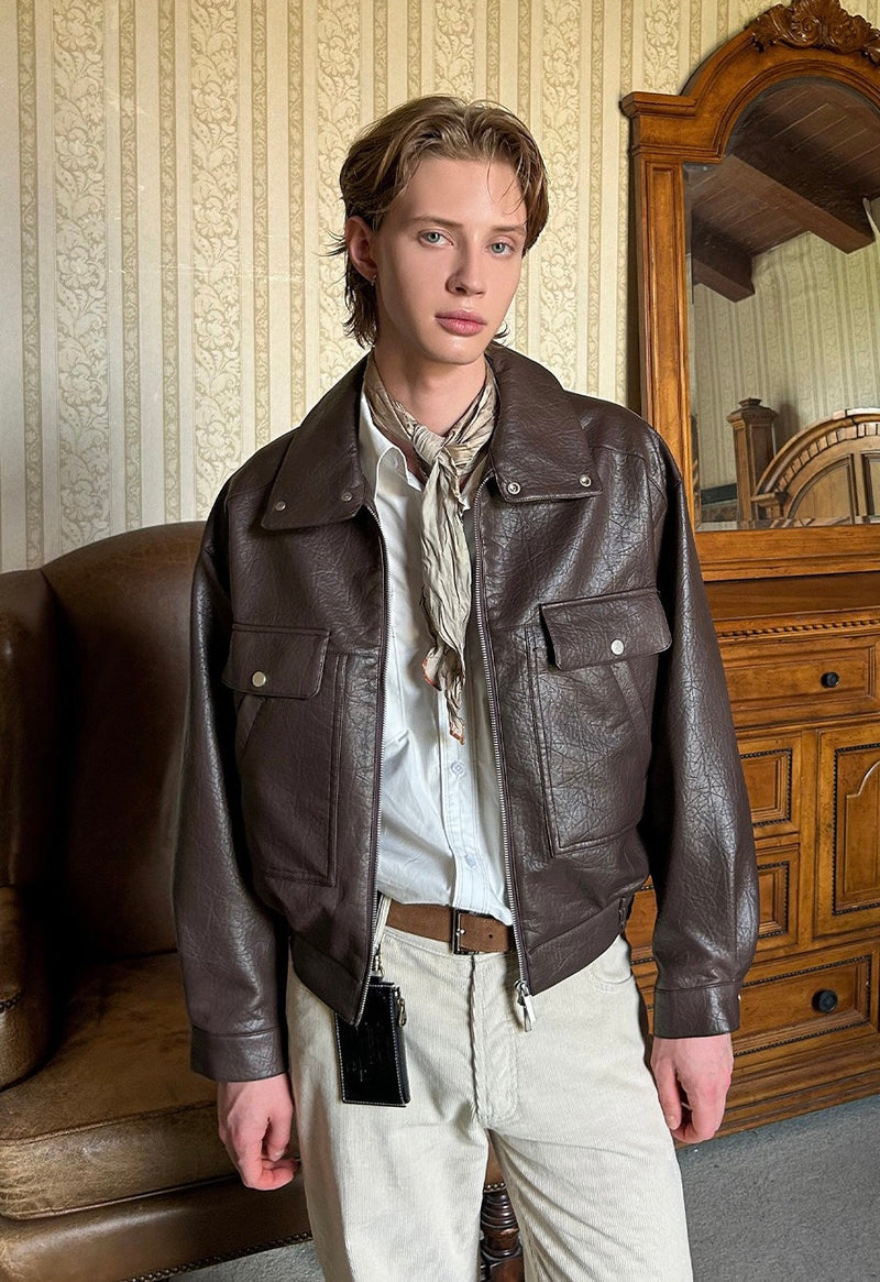 Men's Utility PU Leather Bomber Jacket | Oversized Fit
