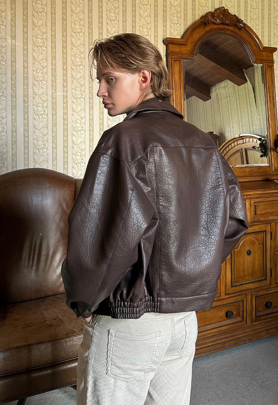 Men's Utility PU Leather Bomber Jacket | Oversized Fit