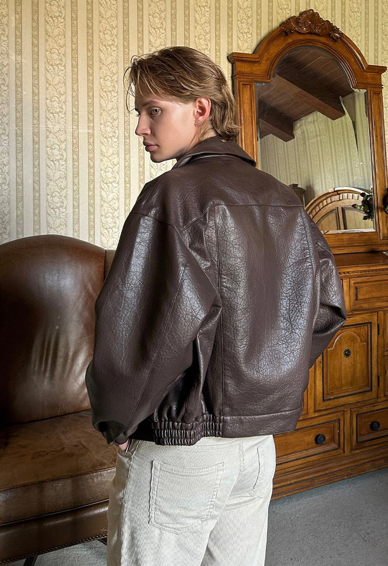 Men's Utility PU Leather Bomber Jacket | Oversized Fit