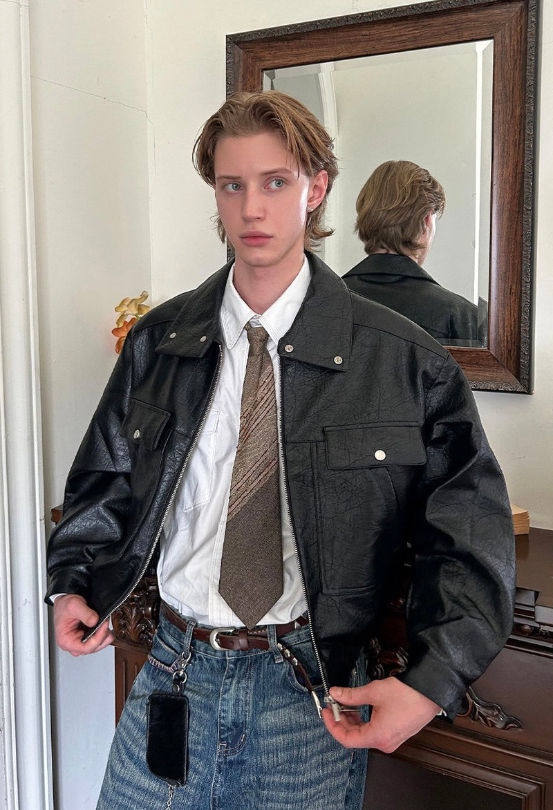 Men's Utility PU Leather Bomber Jacket | Oversized Fit