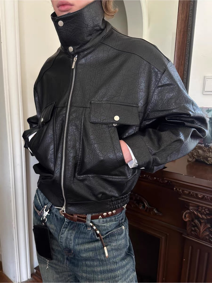 Men's Utility PU Leather Bomber Jacket | Oversized Fit